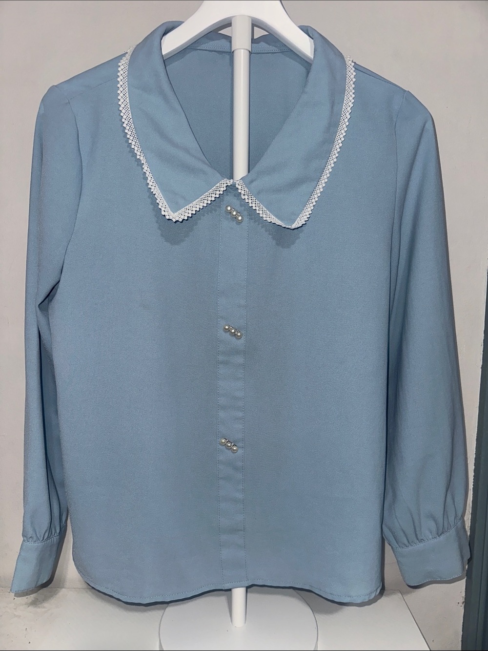 Light Blue Pearl-Button Blouse with Lace Collar